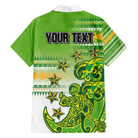 Personalised Cook Islands Va'a Race Family Matching Off The Shoulder Long Sleeve Dress and Hawaiian Shirt Te Tatau Tattoos Sporty Style Green-White Color - Polynesian Pride