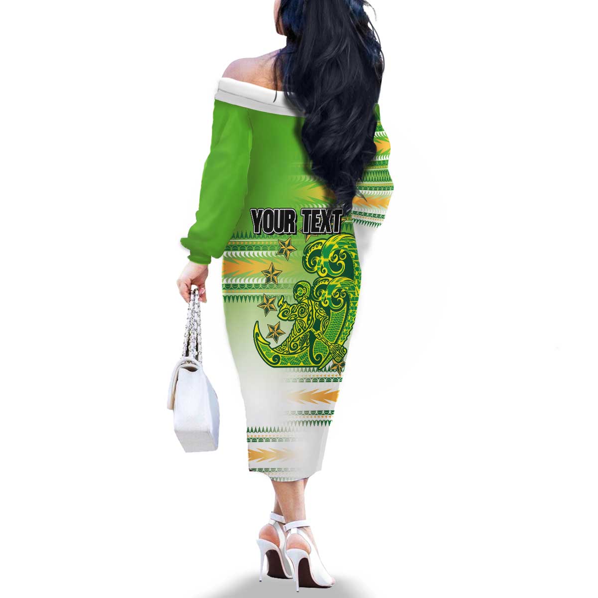 Personalised Cook Islands Va'a Race Family Matching Off The Shoulder Long Sleeve Dress and Hawaiian Shirt Te Tatau Tattoos Sporty Style Green-White Color - Polynesian Pride