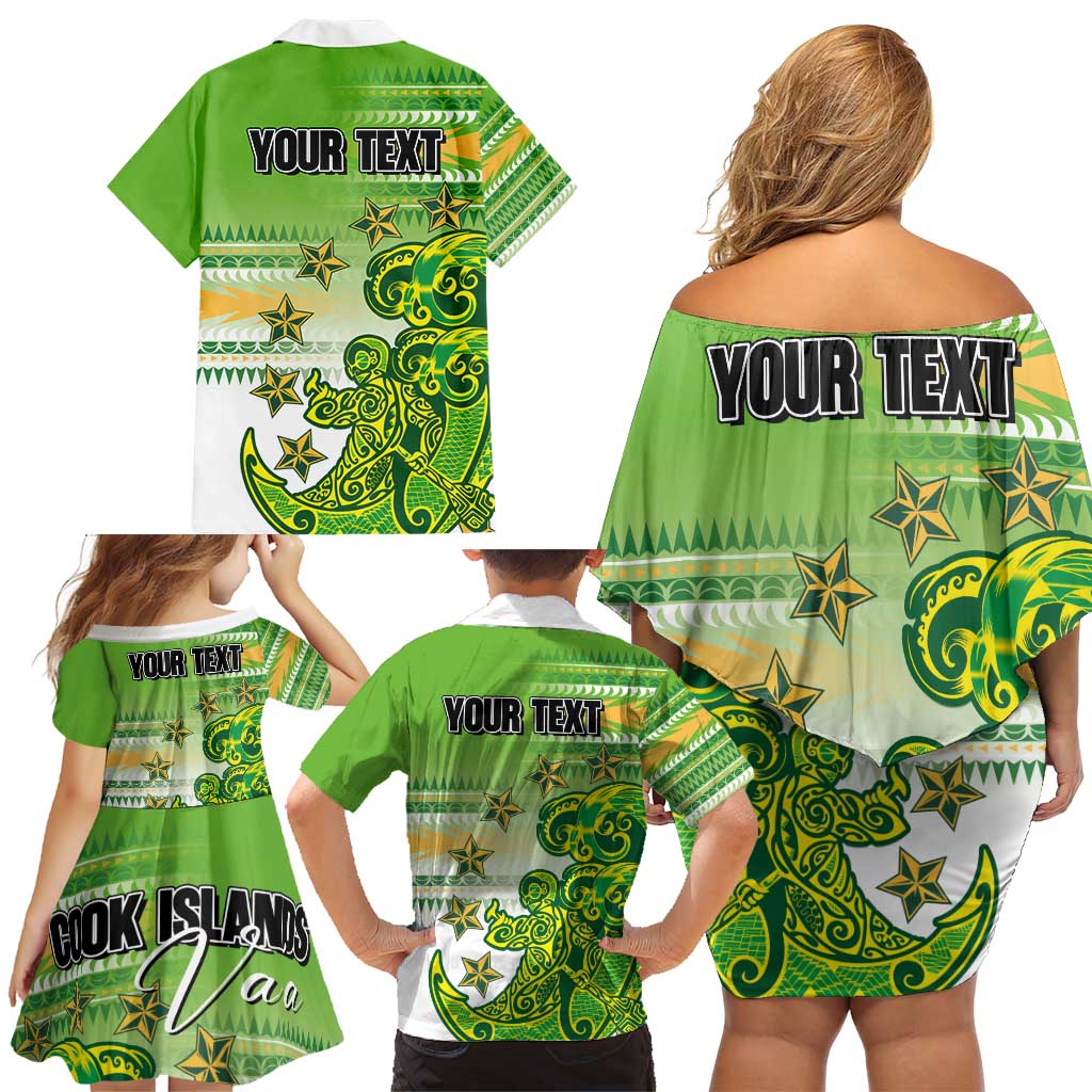 Personalised Cook Islands Va'a Race Family Matching Off Shoulder Short Dress and Hawaiian Shirt Te Tatau Tattoos Sporty Style Green-White Color - Polynesian Pride