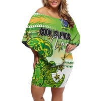 Personalised Cook Islands Va'a Race Family Matching Off Shoulder Short Dress and Hawaiian Shirt Te Tatau Tattoos Sporty Style Green-White Color - Polynesian Pride