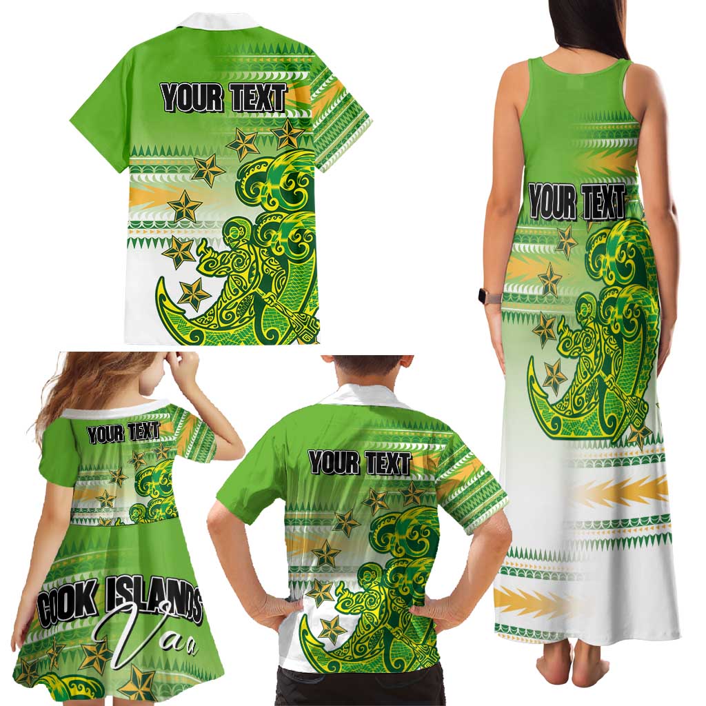 Personalised Cook Islands Va'a Race Family Matching Tank Maxi Dress and Hawaiian Shirt Te Tatau Tattoos Sporty Style Green-White Color - Polynesian Pride