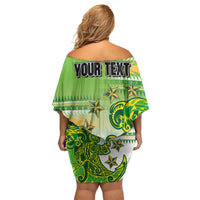 Personalised Cook Islands Va'a Race Off Shoulder Short Dress Te Tatau Tattoos Sporty Style Green-White Color - Polynesian Pride