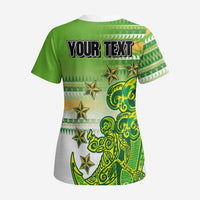Personalised Cook Islands Va'a Race Scrub Top Te Tatau Tattoos Sporty Style Green-White Color - Polynesian Pride
