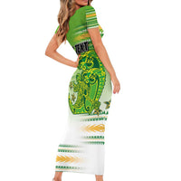 Personalised Cook Islands Va'a Race Short Sleeve Bodycon Dress Te Tatau Tattoos Sporty Style Green-White Color - Polynesian Pride