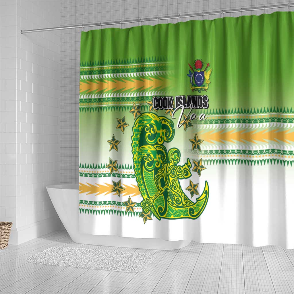 Cook Islands Va'a Race Shower Curtain Te Tatau Tattoos Sporty Style Green-White Color - Polynesian Pride