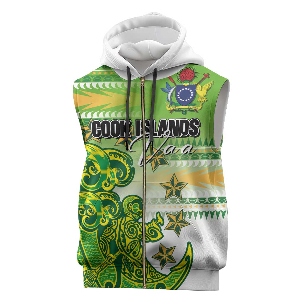 Personalised Cook Islands Va'a Race Sleeveless Zip Hoodie Te Tatau Tattoos Sporty Style Green-White Color - Polynesian Pride
