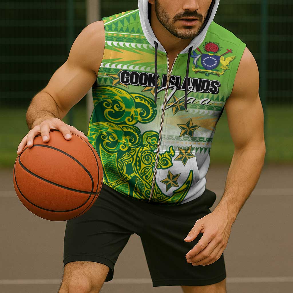 Personalised Cook Islands Va'a Race Sleeveless Zip Hoodie Te Tatau Tattoos Sporty Style Green-White Color - Polynesian Pride