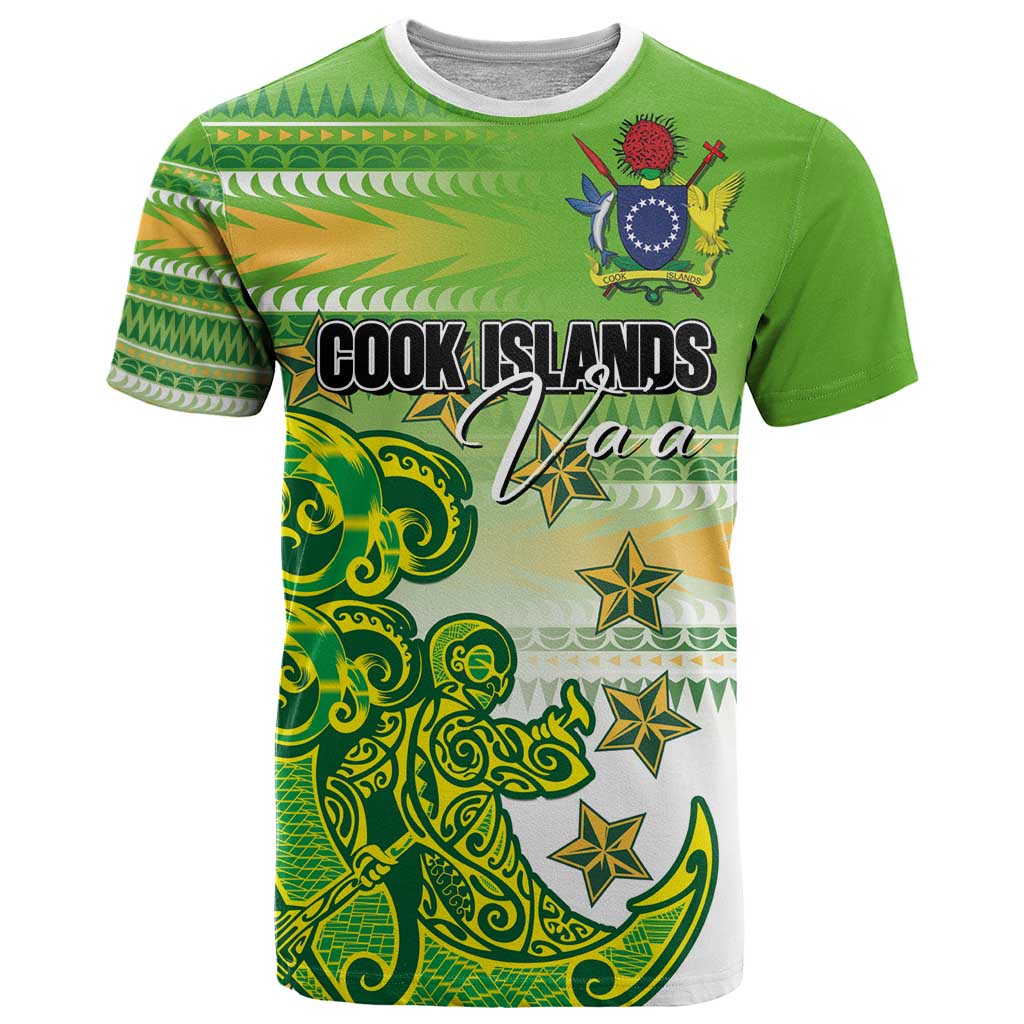Personalised Cook Islands Va'a Race T Shirt Te Tatau Tattoos Sporty Style Green-White Color - Polynesian Pride