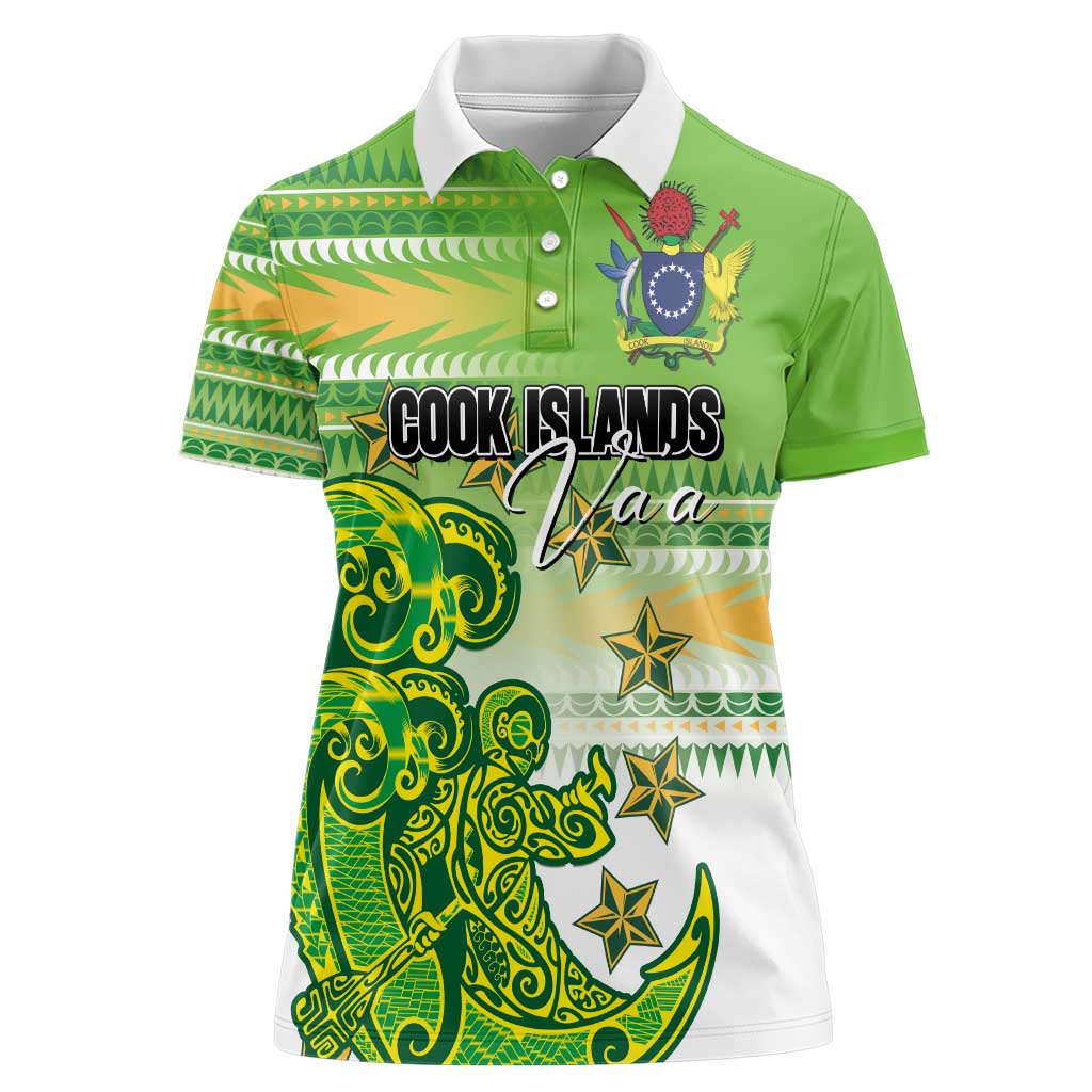 Personalised Cook Islands Va'a Race Women Polo Shirt Te Tatau Tattoos Sporty Style Green-White Color - Polynesian Pride