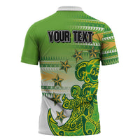 Personalised Cook Islands Va'a Race Zipper Polo Shirt Te Tatau Tattoos Sporty Style Green-White Color - Polynesian Pride