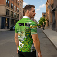 Personalised Cook Islands Va'a Race Zipper Polo Shirt Te Tatau Tattoos Sporty Style Green-White Color - Polynesian Pride