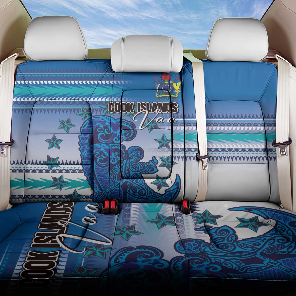 Cook Islands Va'a Race Back Car Seat Cover Te Tatau Tattoos Sporty Style Light Blue Color - Polynesian Pride