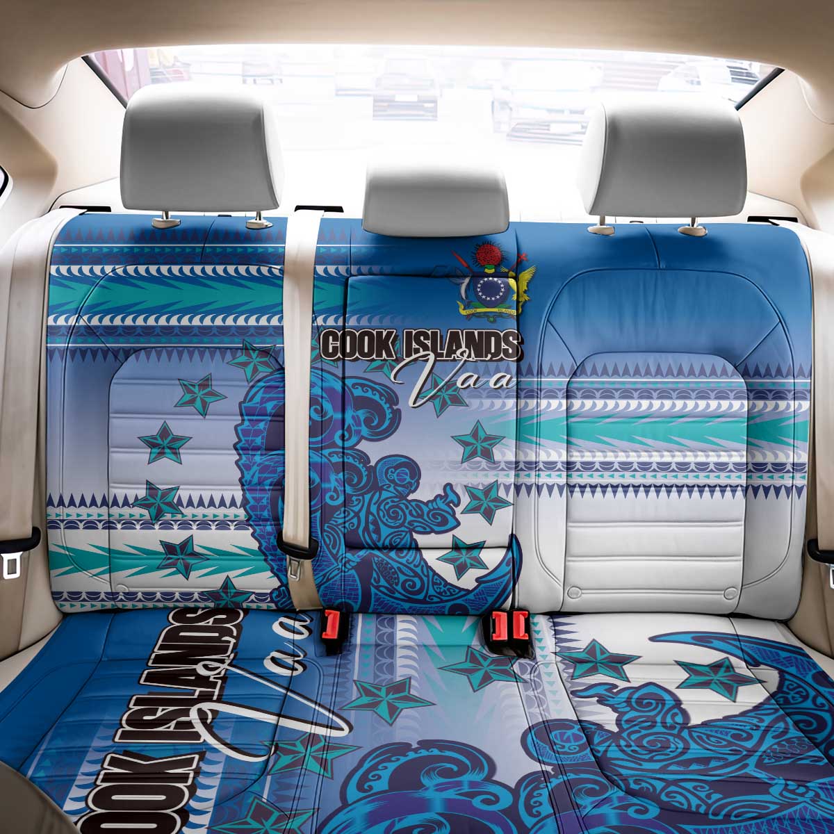 Cook Islands Va'a Race Back Car Seat Cover Te Tatau Tattoos Sporty Style Light Blue Color - Polynesian Pride
