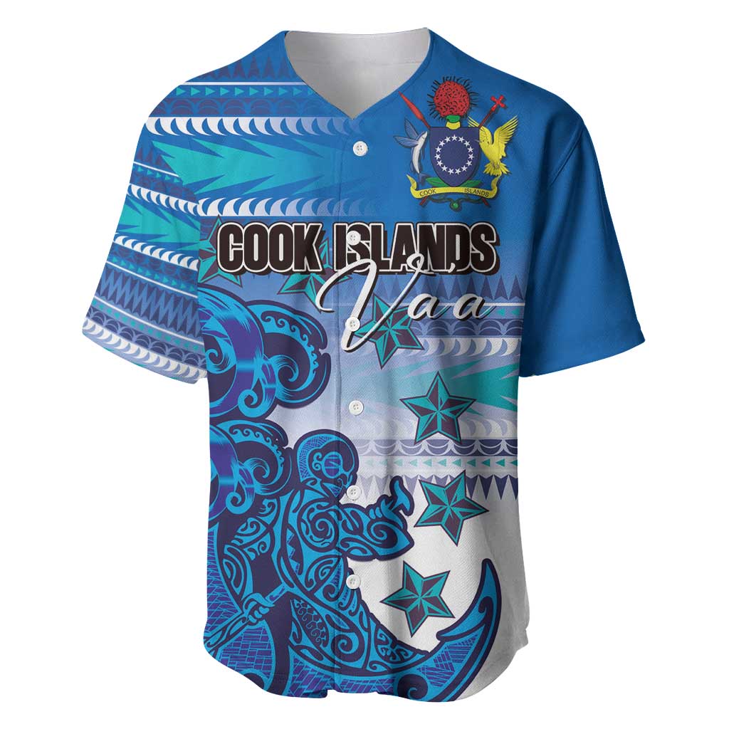 Personalised Cook Islands Va'a Race Baseball Jersey Te Tatau Tattoos Sporty Style Light Blue Color - Polynesian Pride