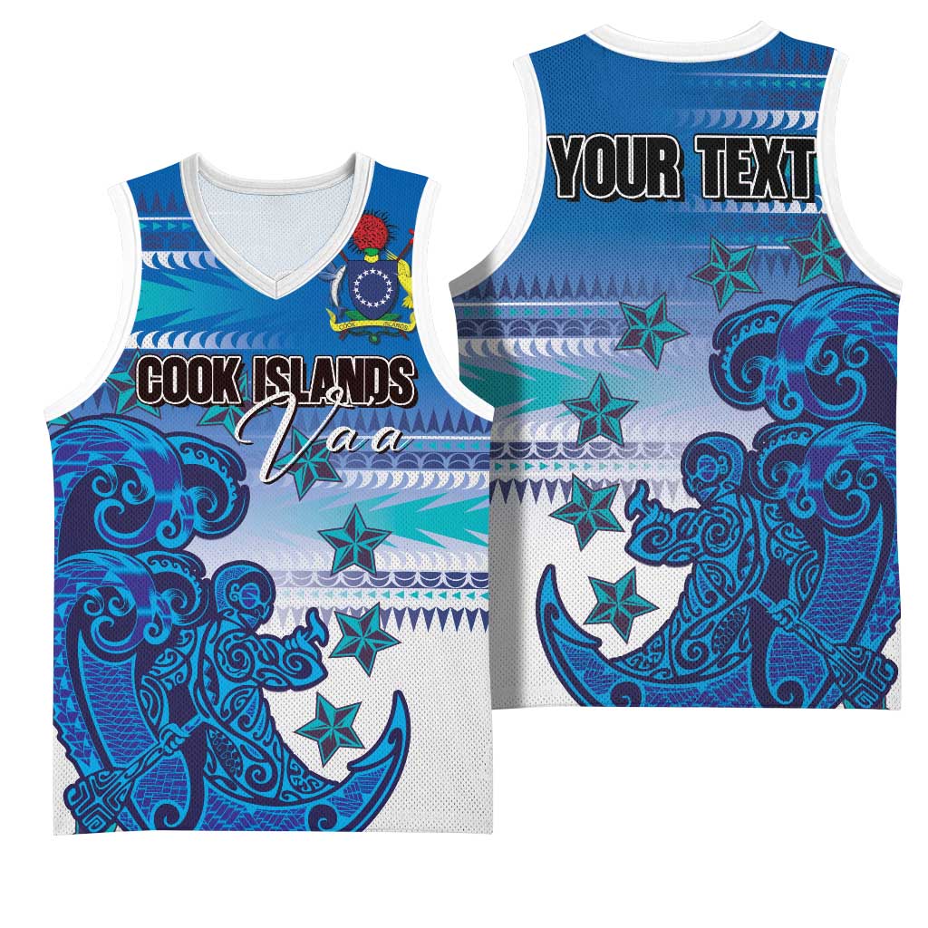 Personalised Cook Islands Va'a Race Basketball Jersey Te Tatau Tattoos Sporty Style Light Blue Color - Polynesian Pride
