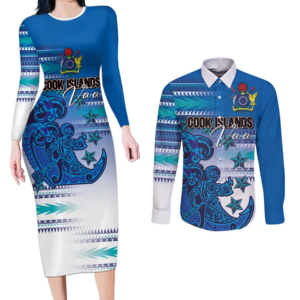 Personalised Cook Islands Va'a Race Couples Matching Long Sleeve Bodycon Dress and Long Sleeve Button Shirt Te Tatau Tattoos Sporty Style Light Blue Color - Polynesian Pride