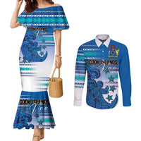 Personalised Cook Islands Va'a Race Couples Matching Mermaid Dress and Long Sleeve Button Shirt Te Tatau Tattoos Sporty Style Light Blue Color - Polynesian Pride