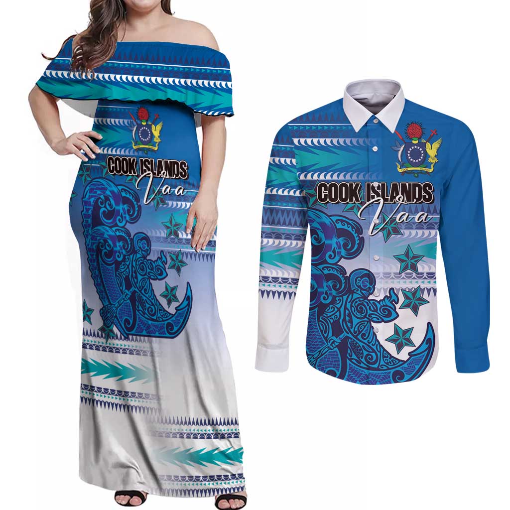 Personalised Cook Islands Va'a Race Couples Matching Off Shoulder Maxi Dress and Long Sleeve Button Shirt Te Tatau Tattoos Sporty Style Light Blue Color - Polynesian Pride