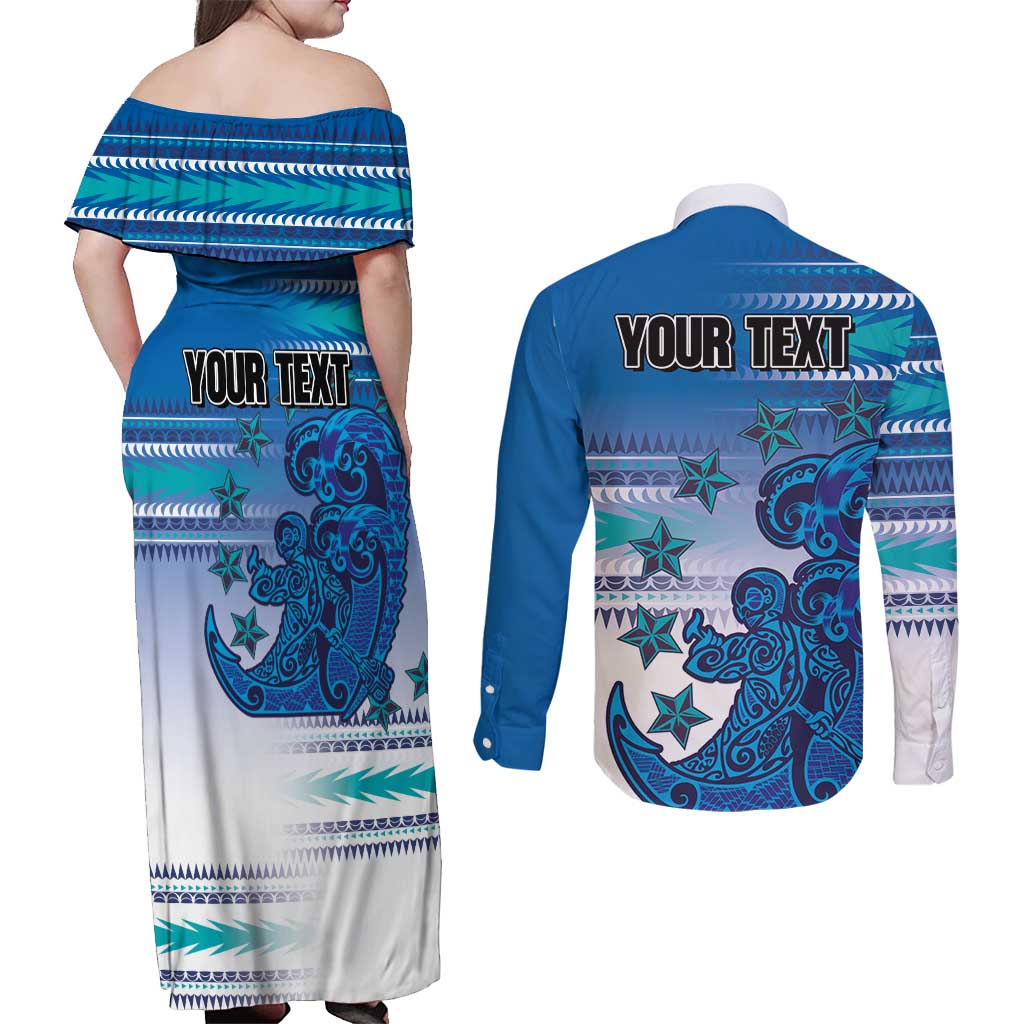 Personalised Cook Islands Va'a Race Couples Matching Off Shoulder Maxi Dress and Long Sleeve Button Shirt Te Tatau Tattoos Sporty Style Light Blue Color - Polynesian Pride