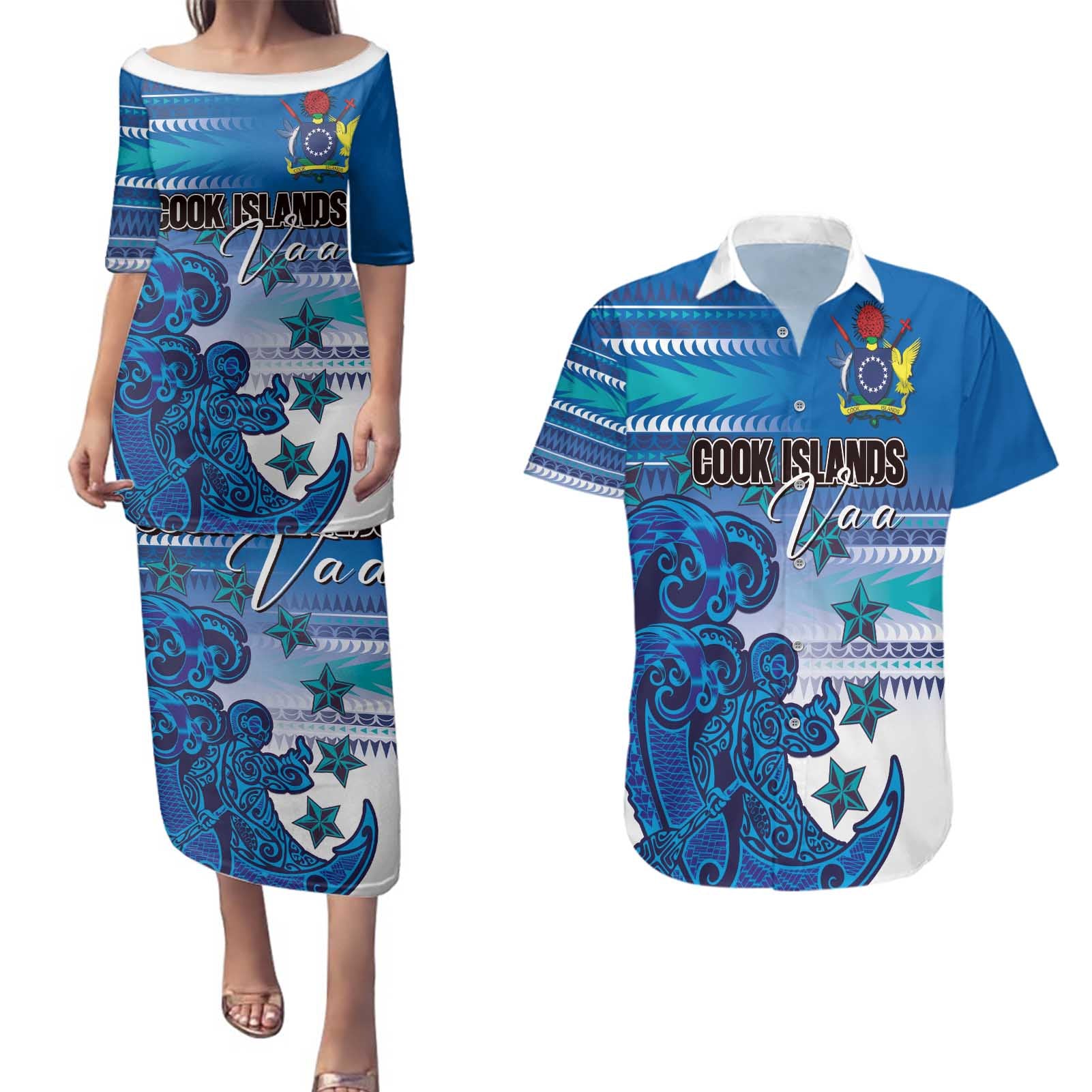 Personalised Cook Islands Va'a Race Couples Matching Puletasi and Hawaiian Shirt Te Tatau Tattoos Sporty Style Light Blue Color - Polynesian Pride