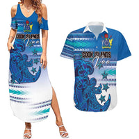 Personalised Cook Islands Va'a Race Couples Matching Summer Maxi Dress and Hawaiian Shirt Te Tatau Tattoos Sporty Style Light Blue Color - Polynesian Pride