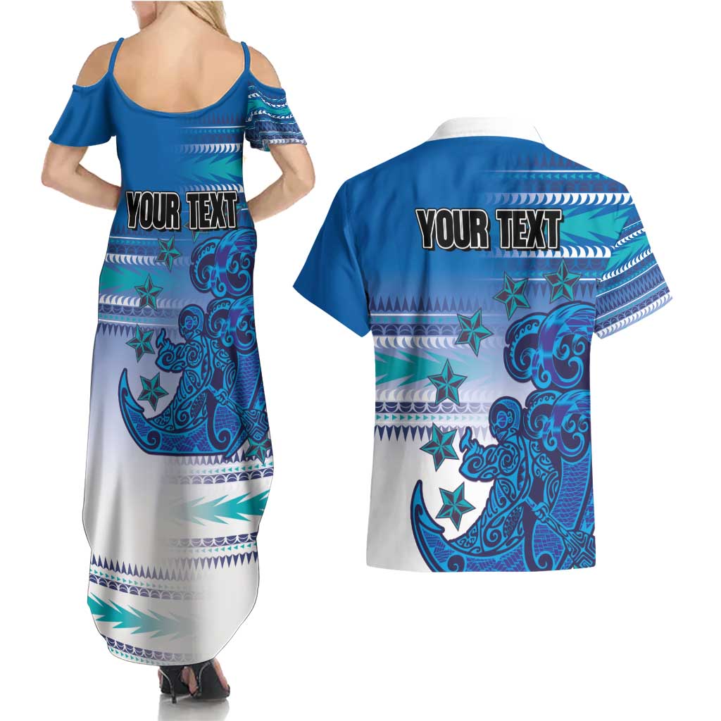 Personalised Cook Islands Va'a Race Couples Matching Summer Maxi Dress and Hawaiian Shirt Te Tatau Tattoos Sporty Style Light Blue Color - Polynesian Pride
