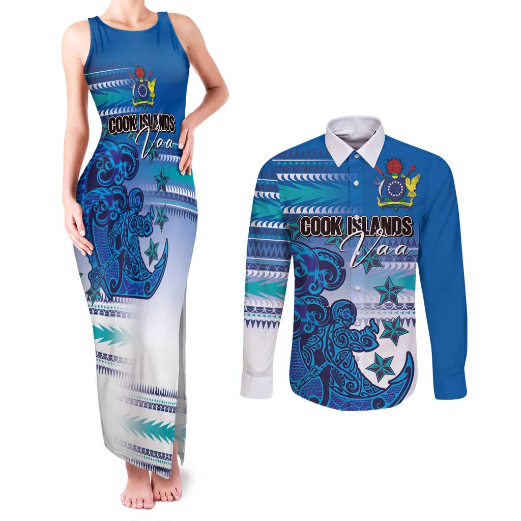 Personalised Cook Islands Va'a Race Couples Matching Tank Maxi Dress and Long Sleeve Button Shirt Te Tatau Tattoos Sporty Style Light Blue Color - Polynesian Pride