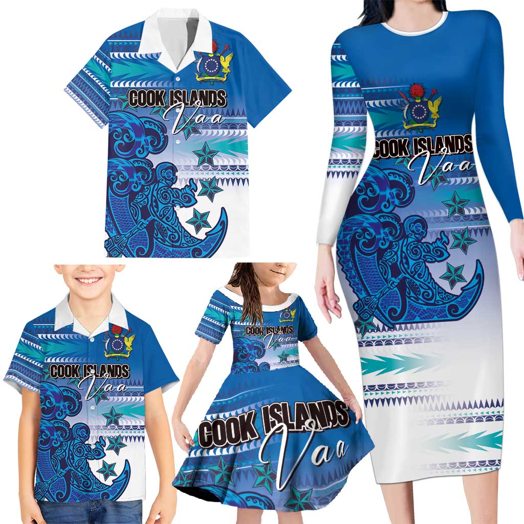 Personalised Cook Islands Va'a Race Family Matching Long Sleeve Bodycon Dress and Hawaiian Shirt Te Tatau Tattoos Sporty Style Light Blue Color - Polynesian Pride