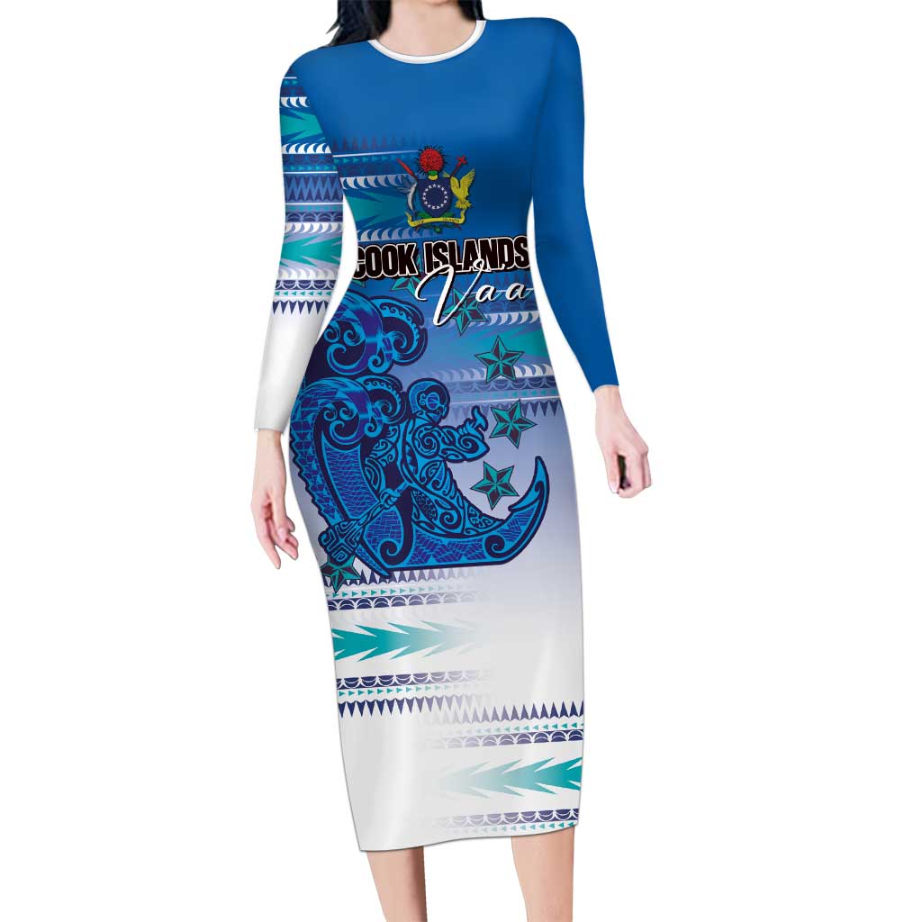 Personalised Cook Islands Va'a Race Family Matching Long Sleeve Bodycon Dress and Hawaiian Shirt Te Tatau Tattoos Sporty Style Light Blue Color - Polynesian Pride