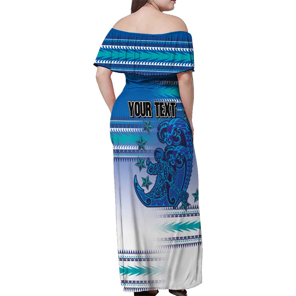 Personalised Cook Islands Va'a Race Family Matching Off Shoulder Maxi Dress and Hawaiian Shirt Te Tatau Tattoos Sporty Style Light Blue Color - Polynesian Pride