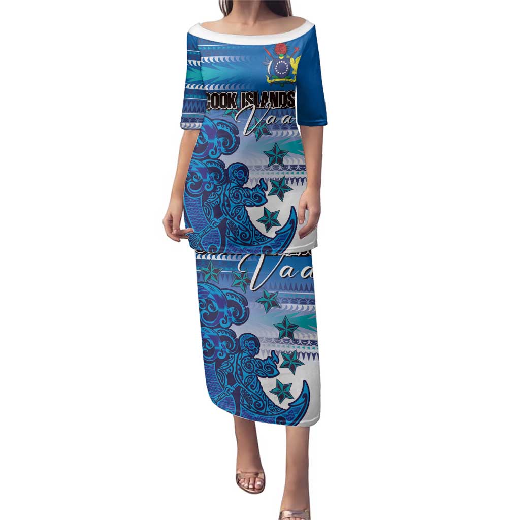 Personalised Cook Islands Va'a Race Family Matching Puletasi and Hawaiian Shirt Te Tatau Tattoos Sporty Style Light Blue Color - Polynesian Pride