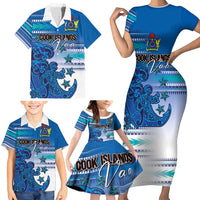 Personalised Cook Islands Va'a Race Family Matching Short Sleeve Bodycon Dress and Hawaiian Shirt Te Tatau Tattoos Sporty Style Light Blue Color - Polynesian Pride