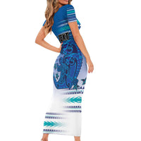 Personalised Cook Islands Va'a Race Family Matching Short Sleeve Bodycon Dress and Hawaiian Shirt Te Tatau Tattoos Sporty Style Light Blue Color - Polynesian Pride
