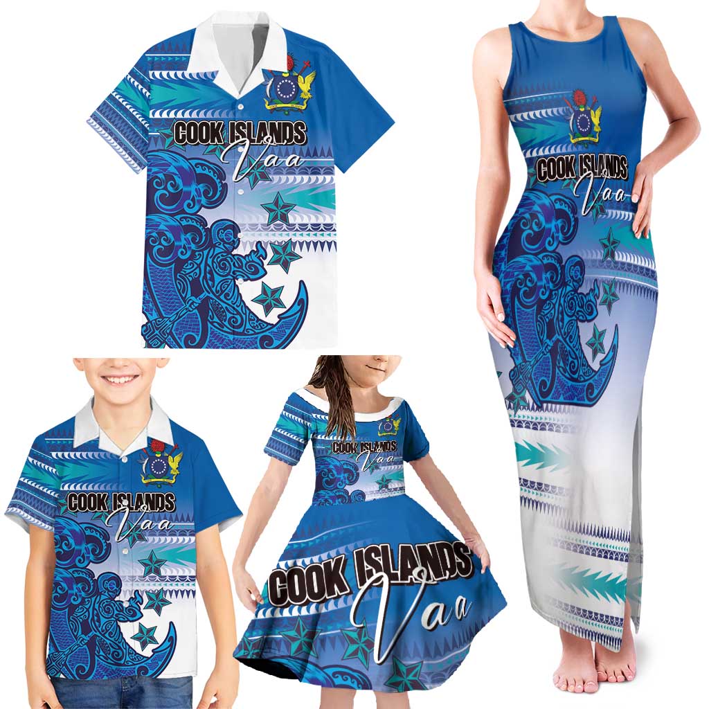 Personalised Cook Islands Va'a Race Family Matching Tank Maxi Dress and Hawaiian Shirt Te Tatau Tattoos Sporty Style Light Blue Color - Polynesian Pride