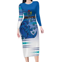Personalised Cook Islands Va'a Race Long Sleeve Bodycon Dress Te Tatau Tattoos Sporty Style Light Blue Color - Polynesian Pride