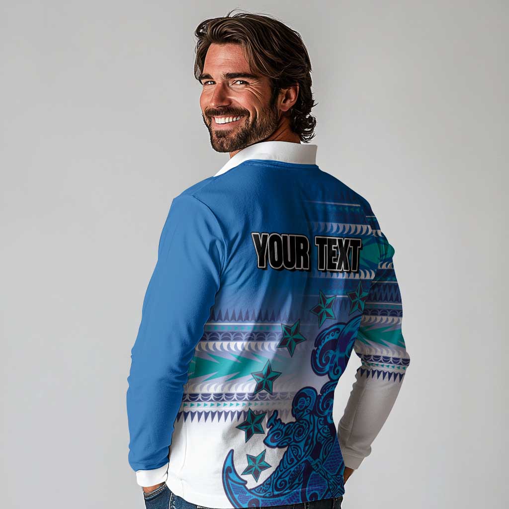 Personalised Cook Islands Va'a Race Long Sleeve Polo Shirt Te Tatau Tattoos Sporty Style Light Blue Color - Polynesian Pride