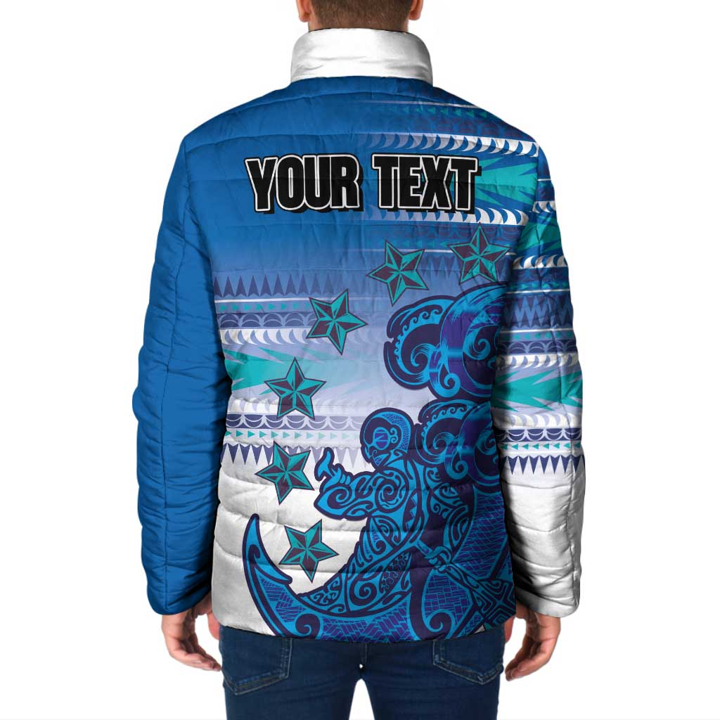 Personalised Cook Islands Va'a Race Padded Jacket Te Tatau Tattoos Sporty Style Light Blue Color - Polynesian Pride