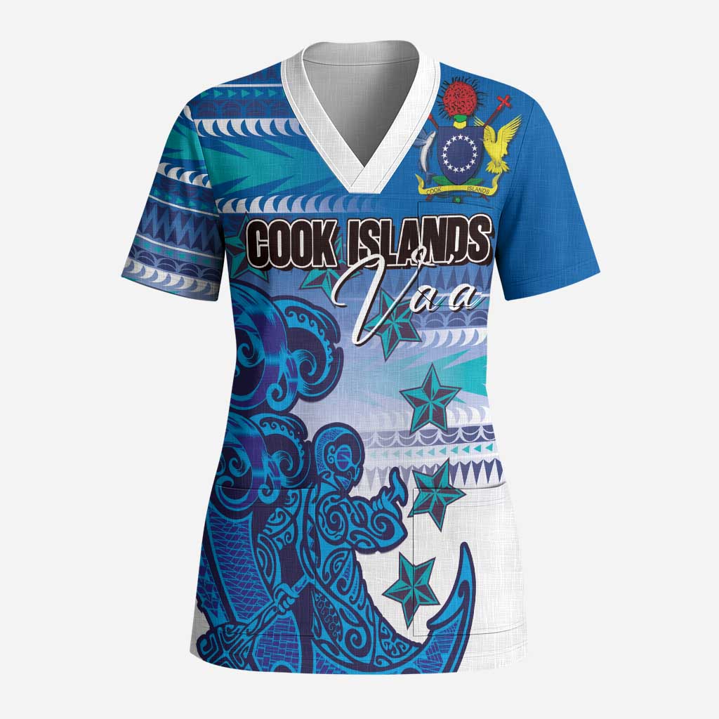 Personalised Cook Islands Va'a Race Scrub Top Te Tatau Tattoos Sporty Style Light Blue Color - Polynesian Pride
