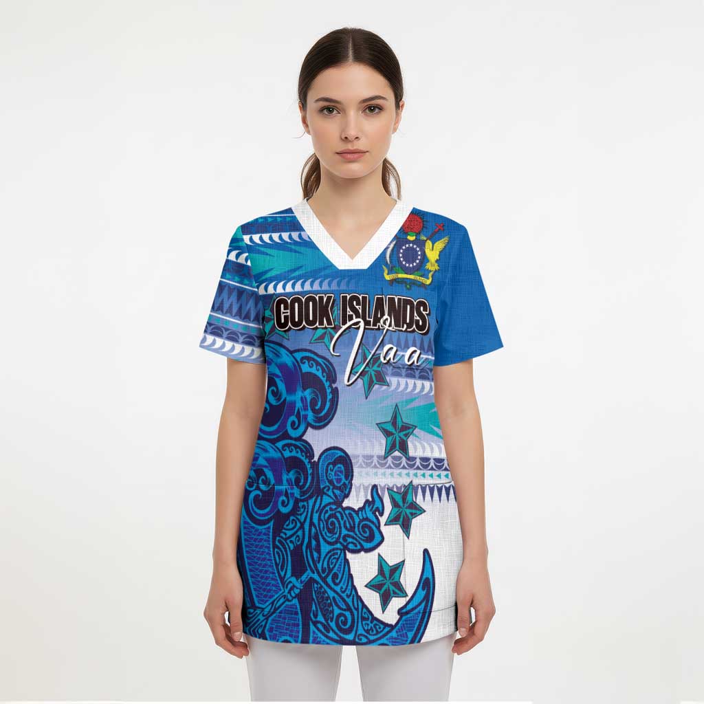 Personalised Cook Islands Va'a Race Scrub Top Te Tatau Tattoos Sporty Style Light Blue Color - Polynesian Pride