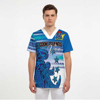 Personalised Cook Islands Va'a Race Scrub Top Te Tatau Tattoos Sporty Style Light Blue Color - Polynesian Pride