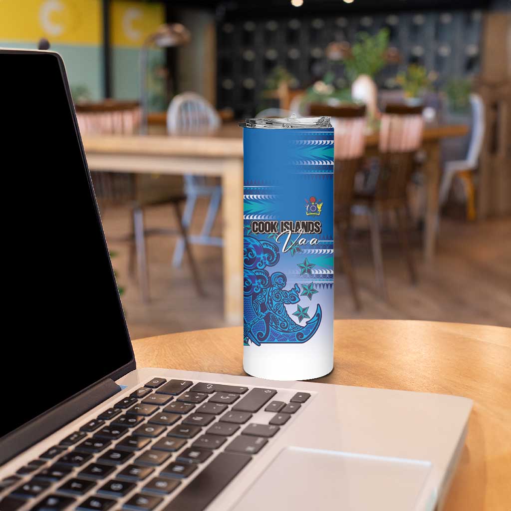 Personalised Cook Islands Va'a Race Skinny Tumbler Te Tatau Tattoos Sporty Style Light Blue Color - Polynesian Pride