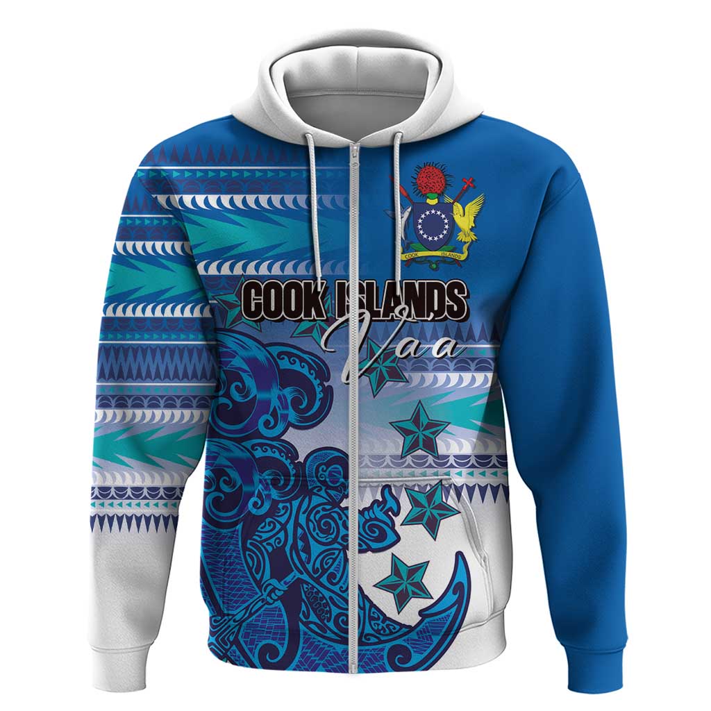 Personalised Cook Islands Va'a Race Zip Hoodie Te Tatau Tattoos Sporty Style Light Blue Color - Polynesian Pride