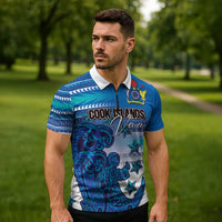 Personalised Cook Islands Va'a Race Zipper Polo Shirt Te Tatau Tattoos Sporty Style Light Blue Color - Polynesian Pride