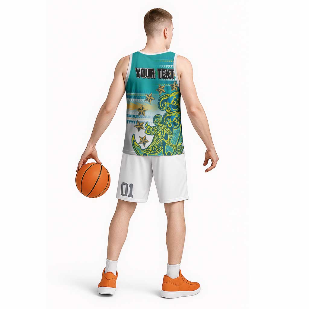 Personalised Cook Islands Va'a Race Basketball Jersey Te Tatau Tattoos Sporty Style Turquoise Color - Polynesian Pride