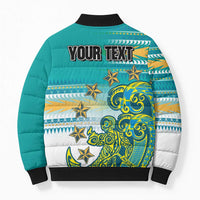 Personalised Cook Islands Va'a Race Bomber Puffer Jacket Te Tatau Tattoos Sporty Style Turquoise Color - Polynesian Pride
