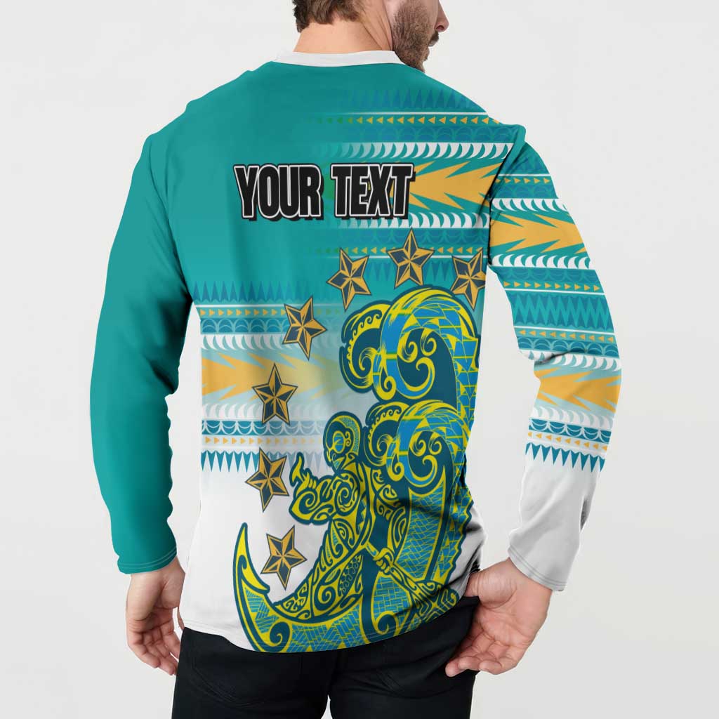 Personalised Cook Islands Va'a Race Button Sweatshirt Te Tatau Tattoos Sporty Style Turquoise Color - Polynesian Pride