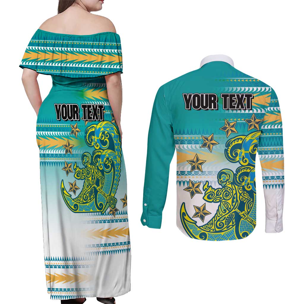 Personalised Cook Islands Va'a Race Couples Matching Off Shoulder Maxi Dress and Long Sleeve Button Shirt Te Tatau Tattoos Sporty Style Turquoise Color - Polynesian Pride