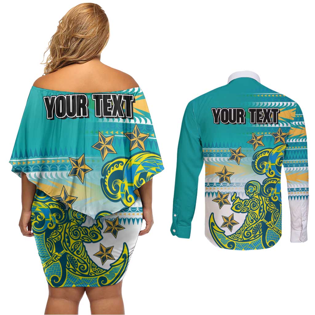 Personalised Cook Islands Va'a Race Couples Matching Off Shoulder Short Dress and Long Sleeve Button Shirt Te Tatau Tattoos Sporty Style Turquoise Color - Polynesian Pride