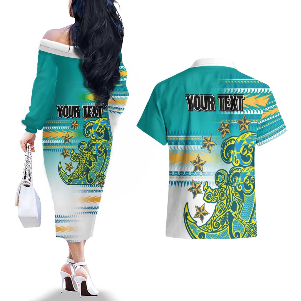 Personalised Cook Islands Va'a Race Couples Matching Off The Shoulder Long Sleeve Dress and Hawaiian Shirt Te Tatau Tattoos Sporty Style Turquoise Color - Polynesian Pride