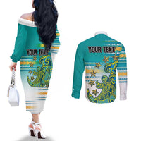 Personalised Cook Islands Va'a Race Couples Matching Off The Shoulder Long Sleeve Dress and Long Sleeve Button Shirt Te Tatau Tattoos Sporty Style Turquoise Color - Polynesian Pride
